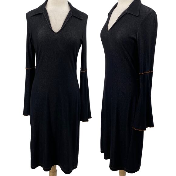 Vintage Y2k Bell Sleeve Stretch Cotton Denim Dress Collared V Neck Dark Wash M - Picture 2 of 10
